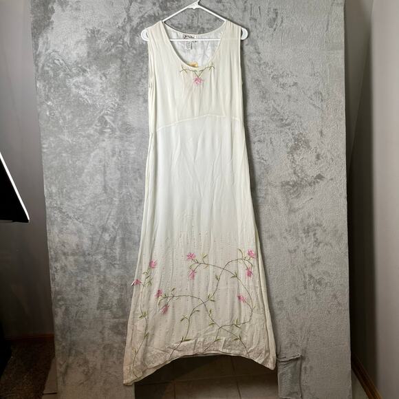 Vintage Dresses & Skirts - Vintage Embroidered Floral Beaded Slip Dress Cream Romantic Medium Deadstock